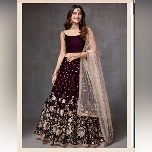 Wine Velvet Embroidered Lehenga from Lashkaraa 💖 Worn for Indian Wedding